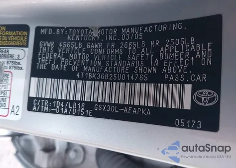 2005 Toyota Avalon Limited from USA, damaged, VIN 4T1BK36B25U014765